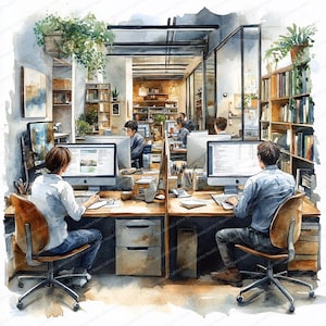 May include: A watercolour illustration of an office interior. Individuals are depicted working at desks with computers. The office features wooden desks, chairs, and bookshelves. Hanging plants add a touch of greenery. The colour palette is soft, with blues, browns, and greens.