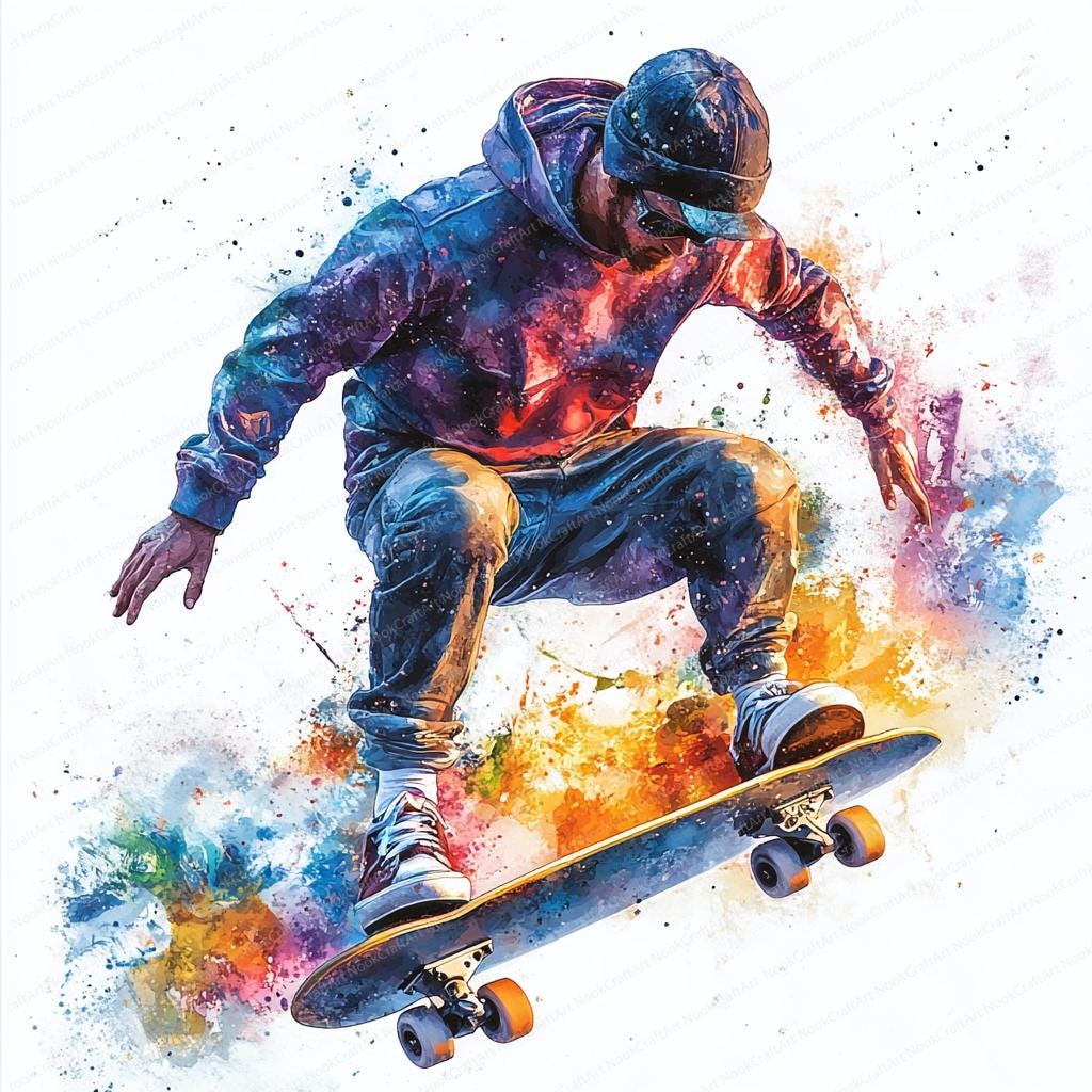 Man Skateboard 01 In Watercolor - Poster Watercolor Wall Art Splatter Sport Illustration Print Glicée Artistic - SKU 2037