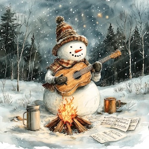 Peut inclure: Illustration à l'aquarelle d'un bonhomme de neige jouant de la guitare près d'un feu de camp dans une forêt enneigée. Le bonhomme de neige porte une écharpe et un chapeau à carreaux, avec un nez en carotte et des yeux en charbon. Une tasse en métal et des partitions sont à proximité.