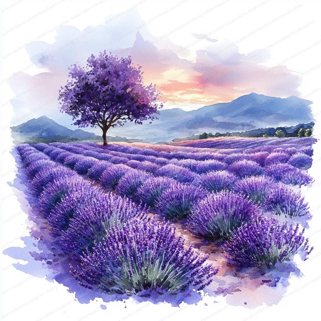 ラベンダー畑の絵 16 ラベンダー畑のクリップアート | 紫色の花が咲く夏の風景 | 印刷