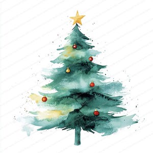 Peut inclure: Illustration &agrave; l'aquarelle d'un sapin de No&euml;l avec une &eacute;toile dor&eacute;e au sommet. L'arbre est orn&eacute; de boules rouges et dor&eacute;es. L'arbre est peint dans des tons de vert et de bleu avec des accents jaunes.