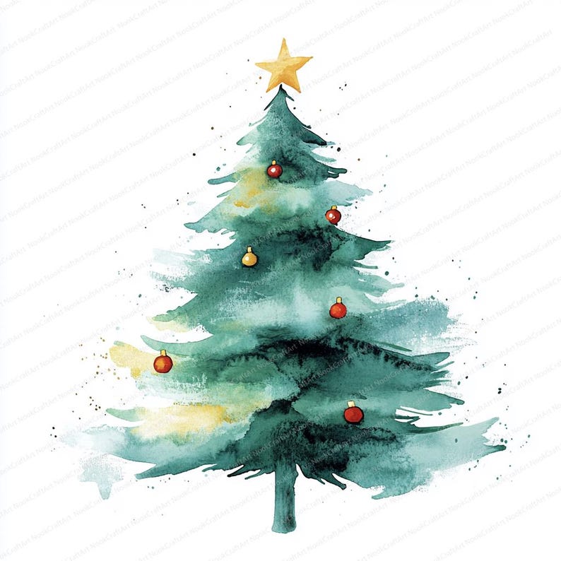 Peut inclure: Illustration &agrave; l'aquarelle d'un sapin de No&euml;l avec une &eacute;toile dor&eacute;e au sommet. L'arbre est orn&eacute; de boules rouges et dor&eacute;es. L'arbre est peint dans des tons de vert et de bleu avec des accents jaunes.