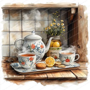 Könnte beinhalten: Aquarellillustration eines Teeservices mit floralen Mustern. Das Set umfasst eine Teekanne, zwei Teetassen und ein Serviertablett mit Keksen und einer Zitrone. Ein Glas mit Zitronen und Blumen befindet sich im Hintergrund.