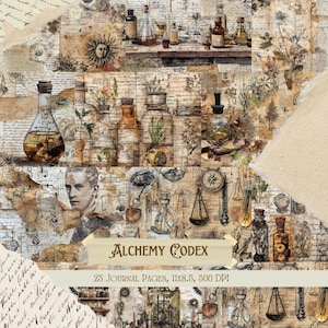 Könnte beinhalten: Eine Collage von Journalseiten im Vintage-Stil mit einem Thema der Alchemie. Das Design zeigt antike Flaschen, botanische Illustrationen und handschriftliche Schrift. Der Text "Alchemy Codex" wird auf einem Banner angezeigt, mit zusätzlichem Text, der 23 Journalseiten, 28x21,6 cm und 300 DPI angibt.