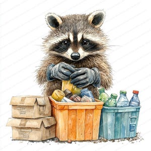 19 Waschbär Recycling Clipart | Niedliche Tierkot-Kunst | Druckbare Aquarell Clipart | Hochwertige JPGs | Papiermodell | Junk Journal