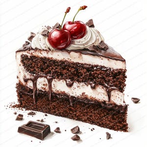 Può includere: Una fetta di torta al cioccolato con panna montata, ganache al cioccolato e ciliegie in cima. La torta è su una superficie bianca con scaglie di cioccolato sparse intorno.