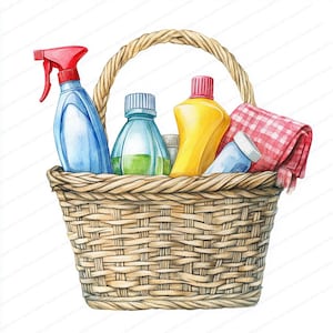 Puede incluir: Una cesta de mimbre llena de productos de limpieza, que incluyen una botella de spray azul, una botella de líquido verde, una botella de líquido amarillo y un paño a cuadros rojo y blanco.