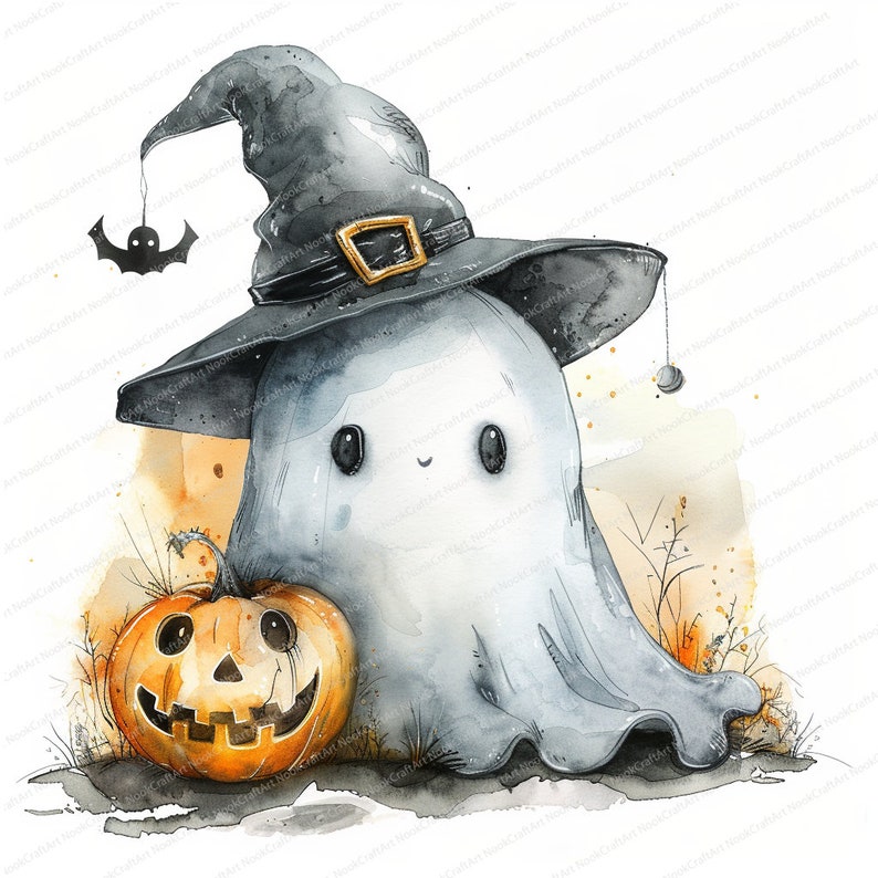 Peut inclure: Illustration &agrave; l'aquarelle d'un fant&ocirc;me amical portant un chapeau de sorci&egrave;re avec un charme de chauve-souris. Une citrouille sculpt&eacute;e est &agrave; c&ocirc;t&eacute; du fant&ocirc;me. L'&oelig;uvre a un style doux et fantaisiste sur le th&egrave;me d'Halloween.