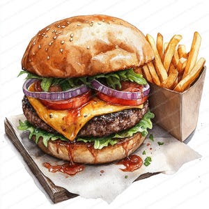 18 Cliparts de Hambúrguer e Batata Frita | Cheeseburger Suculento com Batata Frita | Clipart em Aquarela para Imprimir | JPGs de Alta Qualidade | Artesanato em Papel | Diário de Junk