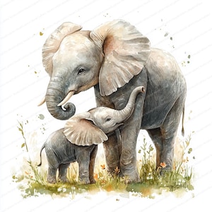 18 Elefante Bebê e Mãe Clipart | Conjunto de Ilustração de Família Adorável | Clipart de Aquarela para Imprimir | JPGs de Alta Qualidade | Diário de Lixo