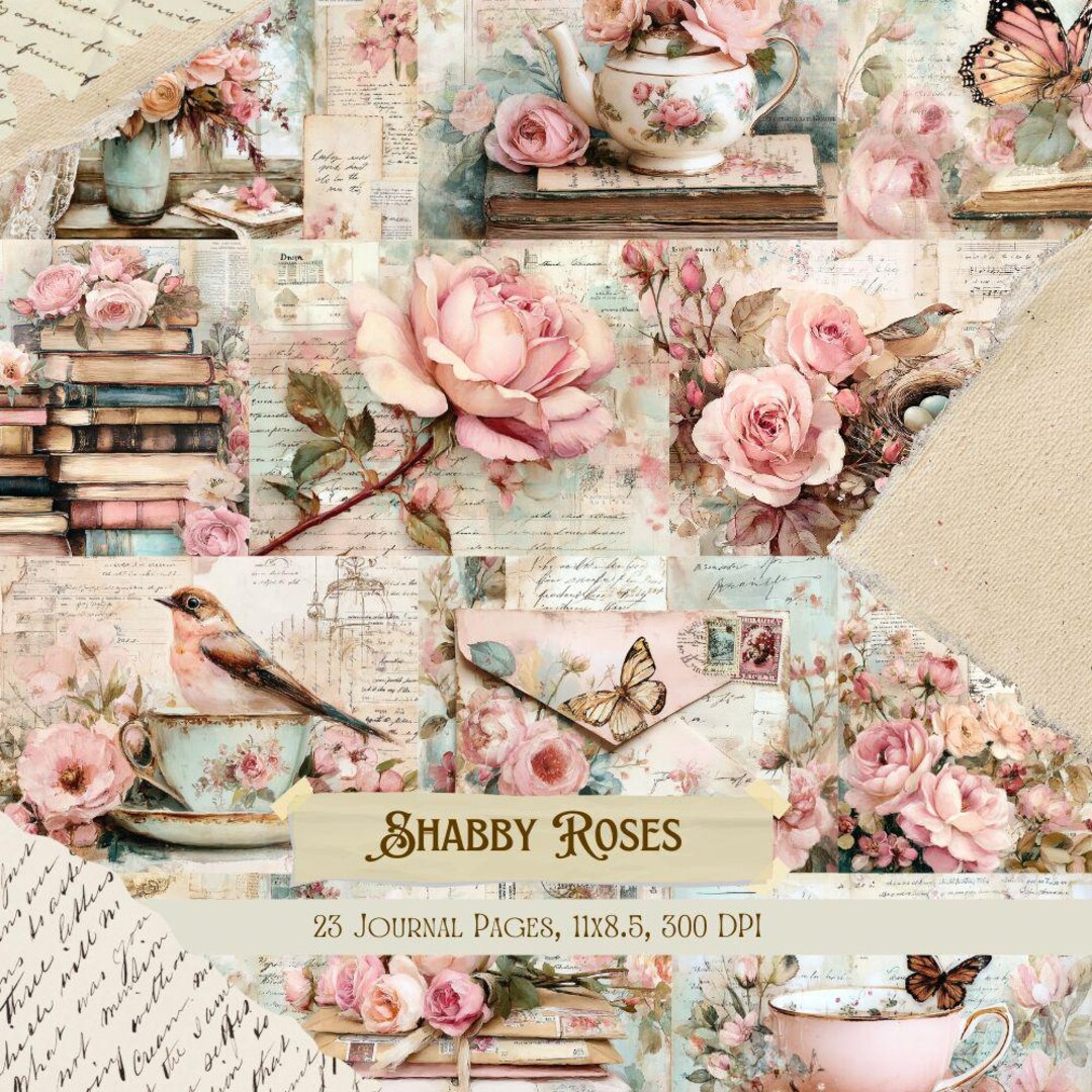 Shabby Roses Junk Journal Kit | Vintage Pink Floral Collage Sheets ...