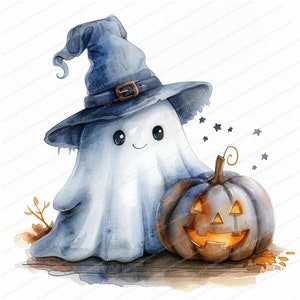 Peut inclure: Illustration &agrave; l'aquarelle d'un fant&ocirc;me amical portant un chapeau de sorci&egrave;re bleu et une citrouille souriante. Le fant&ocirc;me est bleu clair et la citrouille a une lueur orange.