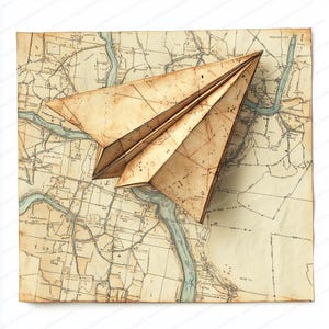 May include: A paper airplane made from a vintage map rests on a larger map. The airplane is folded with sharp angles, and the map has a sepia tone with blue river details. The overall theme is travel and adventure.
