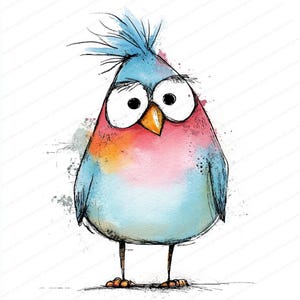 Puede incluir: Ilustraci&oacute;n acuarela de un p&aacute;jaro caprichoso con ojos grandes y expresivos. El p&aacute;jaro presenta una cresta azul, un pecho rosa y naranja y un cuerpo azul. La obra de arte tiene un estilo dibujado a mano con contornos de tinta y aguadas de acuarela.