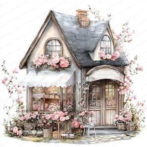 16 imágenes prediseñadas de casa con rosas rosas de estilo shabby chic / imágenes prediseñadas de cabaña vintage / imágenes prediseñadas de acuarela imprimibles / archivos JPG de alta calidad / descarga digital