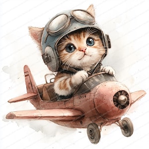 16 Pilot Katze Clipart | Feline Aviator Grafikdesign | Druckbare Aquarell Clipart | Hochwertige JPGs | Papiermodell | Junk Journal