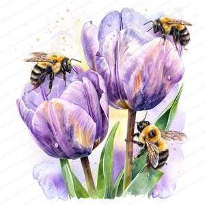 17 bijen in tulpen clipart | Aquarel bij en bloem clipart | Hoge kwaliteit JPG | Digitale download | Papiermodellen | Tijdschriftkunst