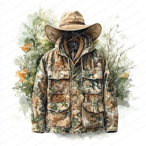 23 Jäger Tarnjacke Clipart | Outdoor Jagdausrüstung Illustration | Druckbare Aquarell Clipart | Hochwertige JPGs | Junk Journal