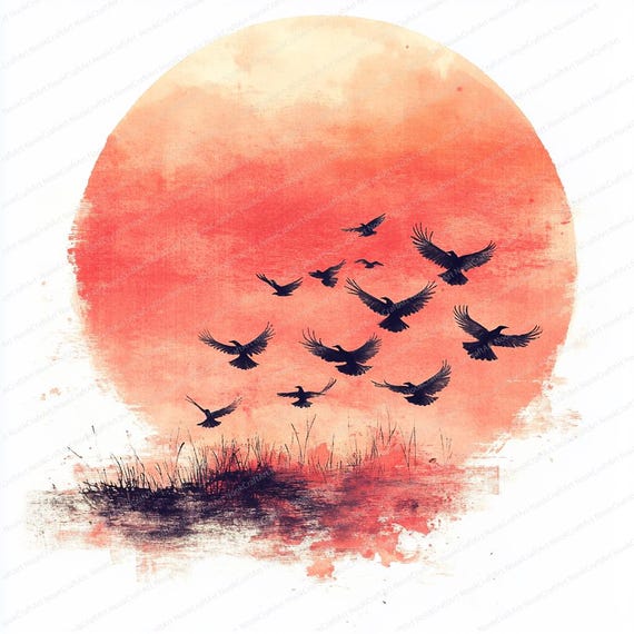 19 夕焼けの鳥の群れのクリップアート | 雄大な夕空の風景 | 印刷可能