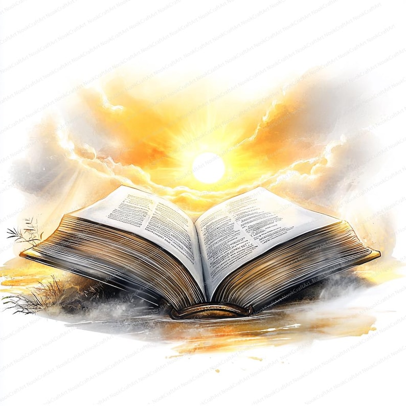 May include: An open book with aged pages sits on a cloudy, golden background. The book is open to a page with text, and the sun shines brightly behind it.