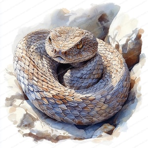 Pode incluir: Pintura em aquarela de uma cascavel enrolada. A cobra é retratada em tons de marrom, bege e cinza, com um padrão detalhado de escamas. A cabeça da cobra é visível, com olhos focados. O fundo apresenta rochas claras.