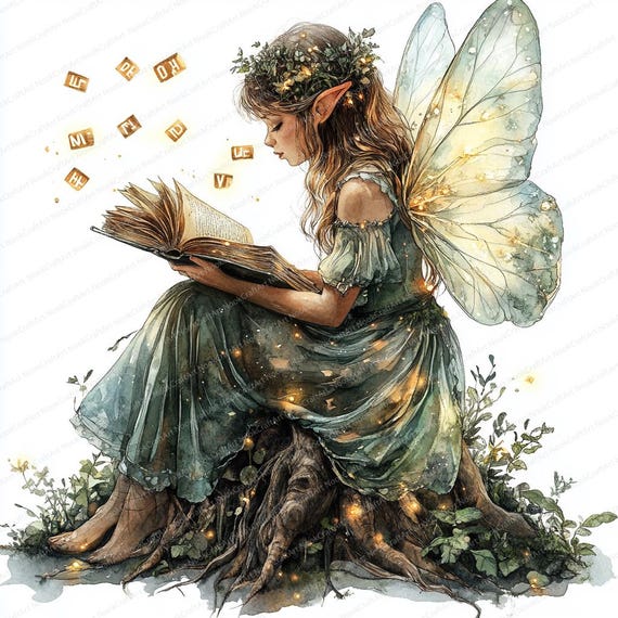 18 妖精と本のイラスト | 魅惑的な読書イラスト | 印刷可能な水彩画の