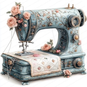 May include: A vintage-style sewing machine in a soft blue hue, adorned with floral embellishments and delicate pink roses. The machine features intricate detailing and a quilted fabric piece, evoking a sense of classic craftsmanship and artistry.