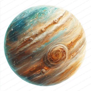 May include: A watercolor painting of a planet with swirling bands of orange, brown, and white, with patches of blue and teal. The planet has a large, dark vortex and several smaller circular formations.