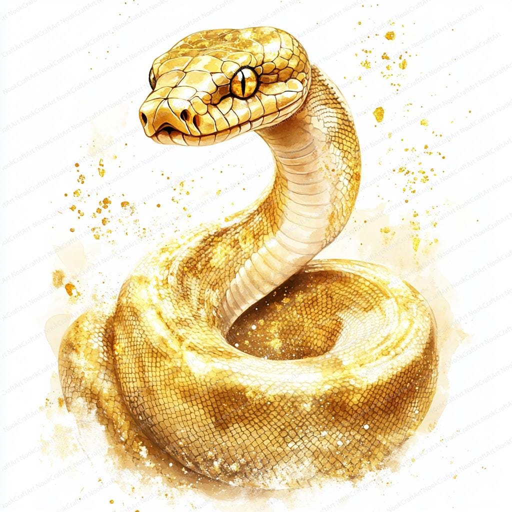 金色の蛇の水彩画クリップアート：印刷可能な昇華デザイン（デジタル