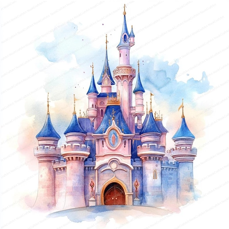 May include: A watercolour painting of a pink and blue castle with multiple towers and a large arched entrance. The castle is set against a light blue watercolour background.