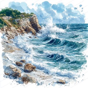 May include: Watercolor painting of a coastal scene with a rocky cliff, crashing waves, and a sandy beach. The water is a mix of blues and greens, with white foam from the waves. The sky is blue with fluffy white clouds.