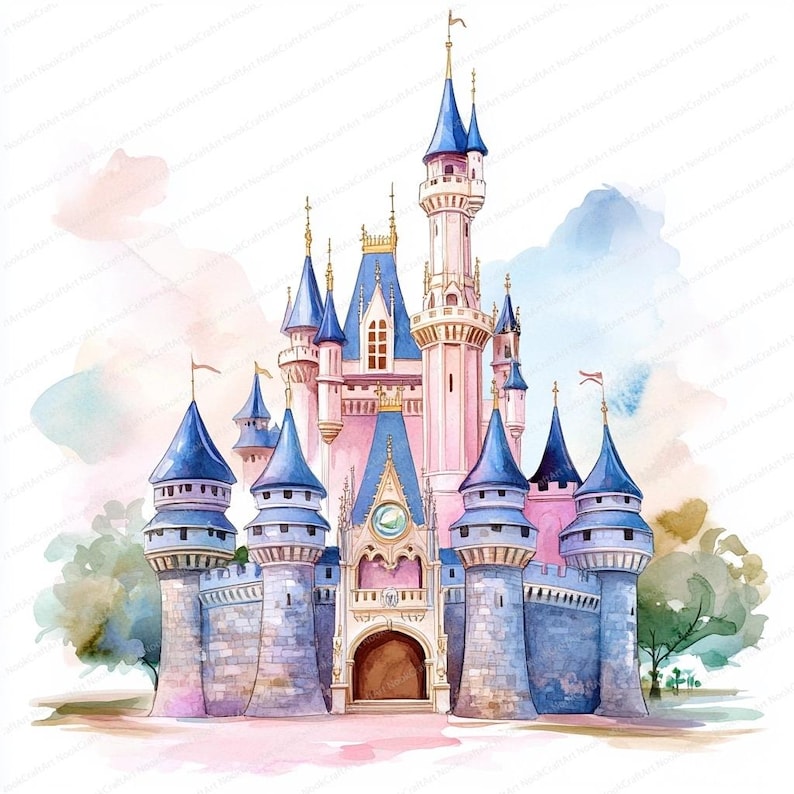 May include: A watercolour painting of a pink and blue castle with multiple towers and spires. The castle has a stone facade and is surrounded by green trees.