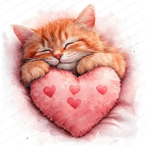 18 Clipart de gato de travesseiro em forma de coração | Design de ilustração felina fofa | Clipart de aquarela para impressão | JPGs de alta qualidade | Artesanato em papel