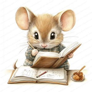May include: A brown mouse with big ears is sitting at a desk and writing in a brown leather bound journal with a pencil. There is a second open journal on the desk with a pencil and some handwritten notes. There is a small plate of brown and orange round treats on the desk.