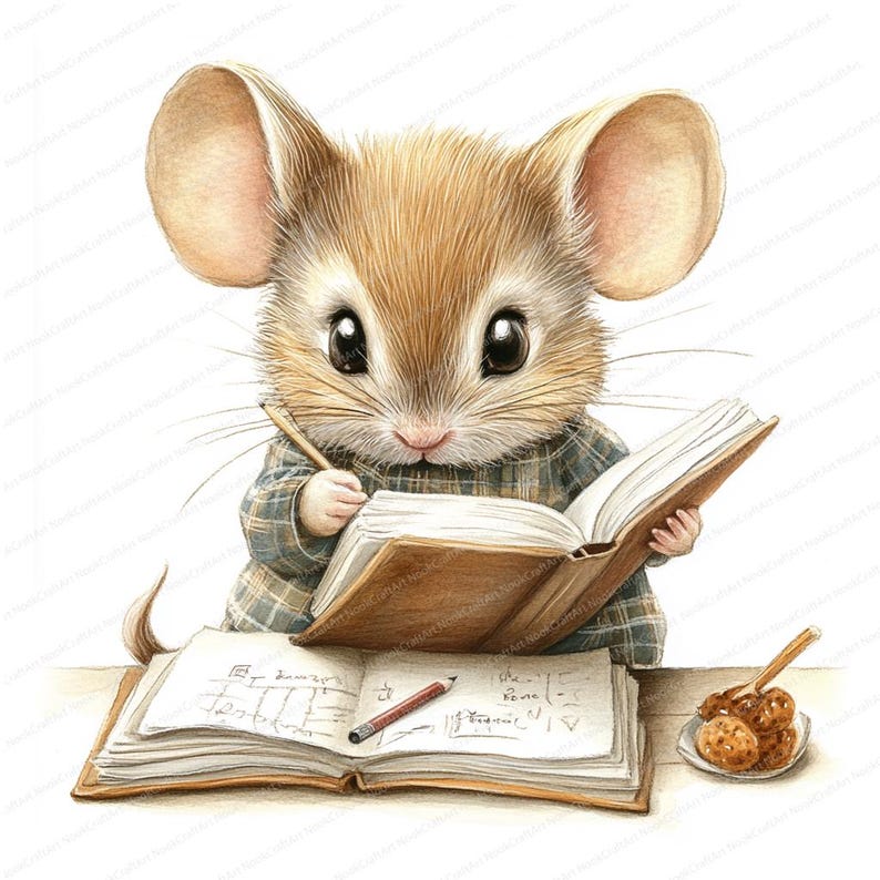 May include: A brown mouse with big ears is sitting at a desk and writing in a brown leather bound journal with a pencil. There is a second open journal on the desk with a pencil and some handwritten notes. There is a small plate of brown and orange round treats on the desk.