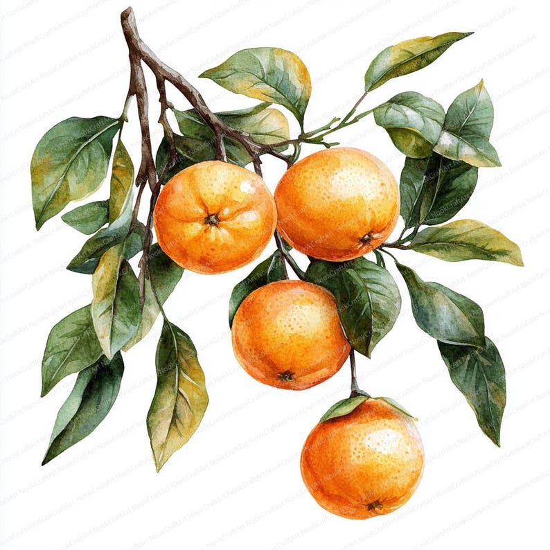 May include: A watercolor painting of a branch of a citrus tree with four ripe oranges. The oranges are a vibrant orange color and the leaves are a deep green.