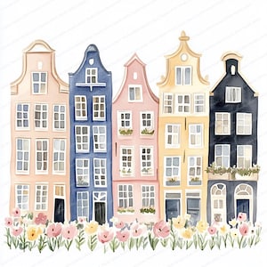 16 graziose case di Amsterdam Clipart / Case sui canali olandesi / Clipart stampabili / JPG di alta qualità / Download digitale / Arte di viaggio di Amsterdam