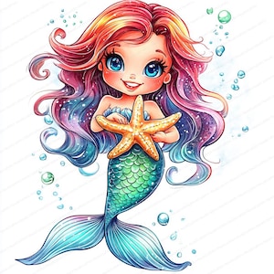 16 Cartoon Mermaid Clipart | Mermaid Girl Watercolor Art | Printable Clipart | High Quality JPGs | Digital Download | Paper Craft
