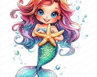 16 漫画人魚クリップアート | 人魚の女の子の水彩画アート | 印刷可能