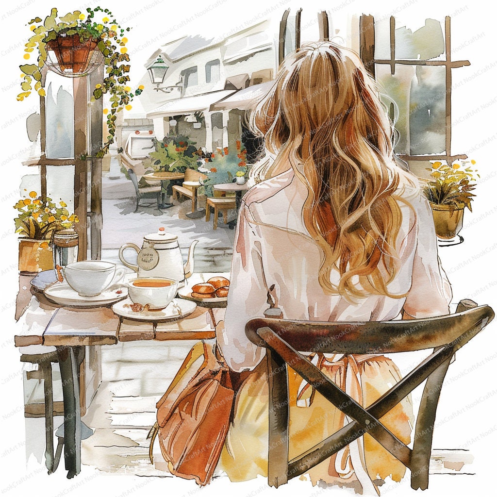 14 カフェの女性のクリップアート | 花柄のカフェのクリップアート