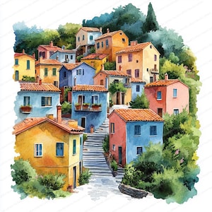 21 Clipart di villaggi con tetti colorati / Collezione di paesaggi campestri stravaganti / Clipart di acquerelli stampabili / JPG di alta qualità / Carta da regalo