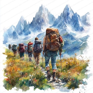 May include: Watercolor painting of a group of hikers with backpacks and walking sticks ascending a mountain trail. The hikers are walking towards a range of snow-capped mountains. The foreground features wildflowers and tall grass.
