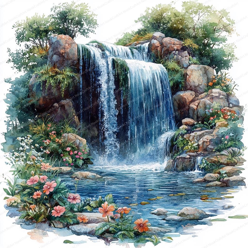 22 Waterfall Glow Clipart | Floral Spring Surroundings | Printable