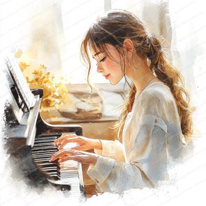 16 Cliparts de Garota do Piano | Ilustração Musical para Criativos | Clipart de Aquarela para Imprimir | JPGs de Alta Qualidade | Artesanato em Papel | Diário de Junções