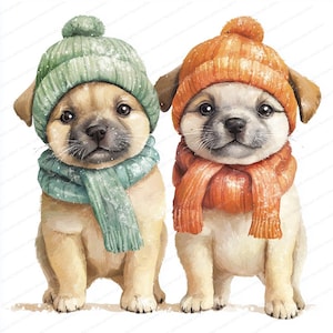 16 Welpen mit Hut Clipart | Winterwelpen | Druckbare Aquarell Clipart | Hochwertige JPGs | Digitaler Download | Papierkunst