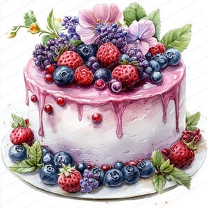 19 imágenes prediseñadas de pastel floral de bayas / Ilustraciones elegantes de postres / Imágenes prediseñadas de acuarela imprimibles / JPG de alta calidad / Manualidades de papel / Diario basura