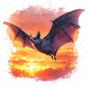 21 Cliparts de Silhueta de Morcego ao Pôr do Sol | Design de Voo Crepuscular | Clipart em Aquarela para Imprimir | JPGs de Alta Qualidade | Artesanato em Papel | Diário de Junções