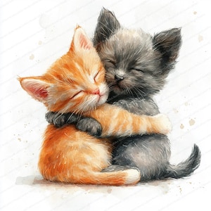 16 gatitos abrazan a un cachorro / linda ilustración de amistad entre mascotas / clipart de acuarela imprimible / archivos JPG de alta calidad / manualidades de papel / diario