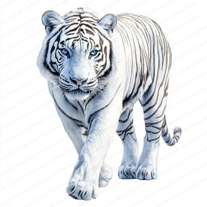 May include: A detailed illustration of a white tiger with black stripes, walking towards the viewer. The tiger has striking blue eyes and a pink nose. The image is set against a plain white background, emphasizing the animal's features.