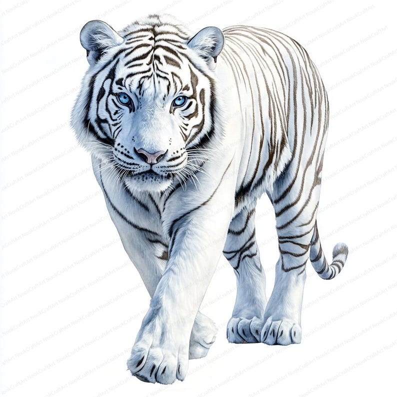 May include: A detailed illustration of a white tiger with black stripes, walking towards the viewer. The tiger has striking blue eyes and a pink nose. The image is set against a plain white background, emphasizing the animal's features.